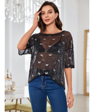 Women's Glitter Sheer See Through Short Sleeve Mesh Top Tee Blouse Black Butterfly Print $20.39 Blouses