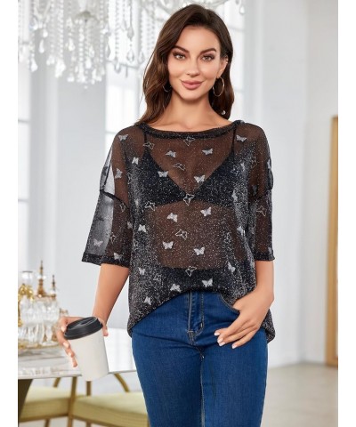 Women's Glitter Sheer See Through Short Sleeve Mesh Top Tee Blouse Black Butterfly Print $20.39 Blouses