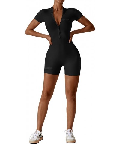 Women Workout Jumpsuit Zip Up Romper Bottom Pants Long Sleeve Bodysuit Bodycon Sexy One Piece Short Sleeve Shorts 4 Black $22...