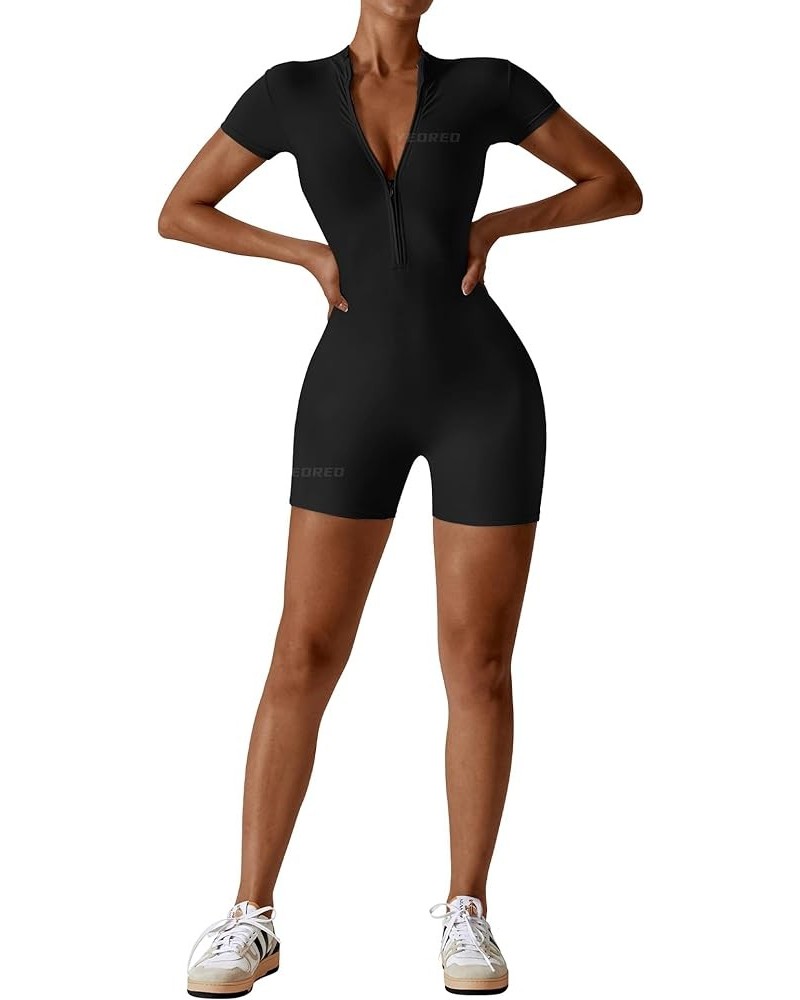 Women Workout Jumpsuit Zip Up Romper Bottom Pants Long Sleeve Bodysuit Bodycon Sexy One Piece Short Sleeve Shorts 4 Black $22...