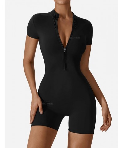 Women Workout Jumpsuit Zip Up Romper Bottom Pants Long Sleeve Bodysuit Bodycon Sexy One Piece Short Sleeve Shorts 4 Black $22...