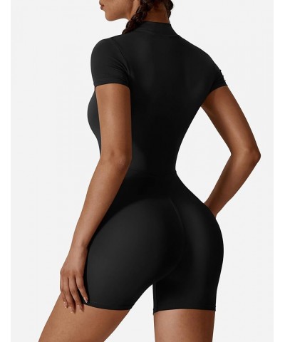 Women Workout Jumpsuit Zip Up Romper Bottom Pants Long Sleeve Bodysuit Bodycon Sexy One Piece Short Sleeve Shorts 4 Black $22...