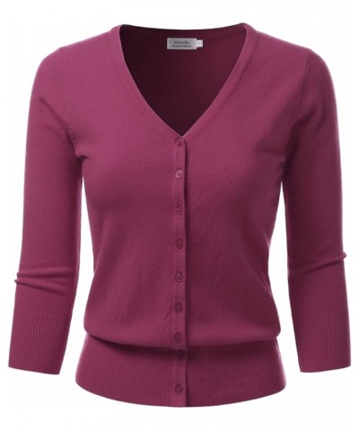 Women's 3/4 Sleeve V-Neck Button Down Knit Sweater Soft Cardigan (S-XXL) Dbt303_magenta $17.97 Sweaters