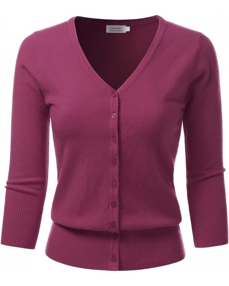 Women's 3/4 Sleeve V-Neck Button Down Knit Sweater Soft Cardigan (S-XXL) Dbt303_magenta $17.97 Sweaters