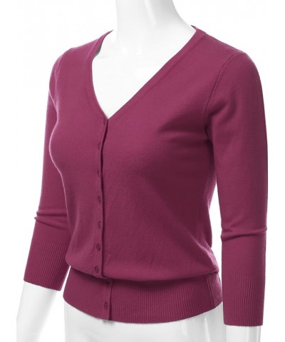 Women's 3/4 Sleeve V-Neck Button Down Knit Sweater Soft Cardigan (S-XXL) Dbt303_magenta $17.97 Sweaters