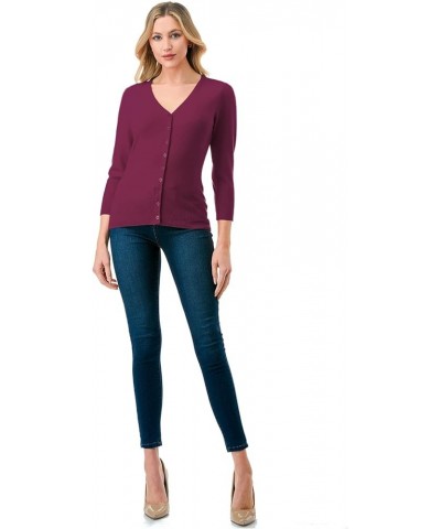 Women's 3/4 Sleeve V-Neck Button Down Knit Sweater Soft Cardigan (S-XXL) Dbt303_magenta $17.97 Sweaters