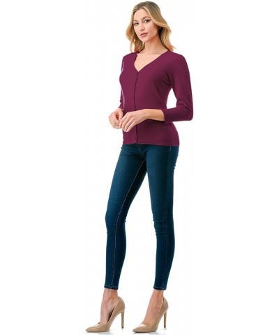 Women's 3/4 Sleeve V-Neck Button Down Knit Sweater Soft Cardigan (S-XXL) Dbt303_magenta $17.97 Sweaters