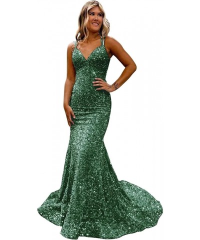 Mermaid Sequin 2024 Prom Dresses Long Spaghetti Straps Evening Dresses V Neck Formal Gowns for Women Emerald Green $43.99 Dre...