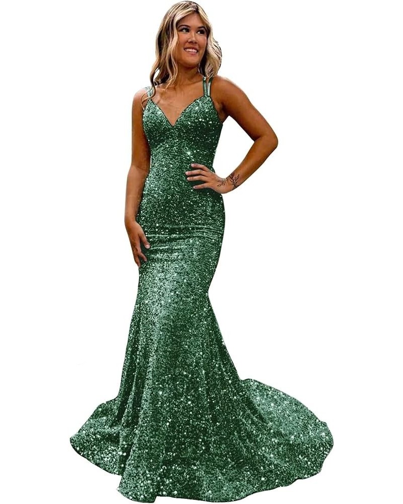 Mermaid Sequin 2024 Prom Dresses Long Spaghetti Straps Evening Dresses V Neck Formal Gowns for Women Emerald Green $43.99 Dre...