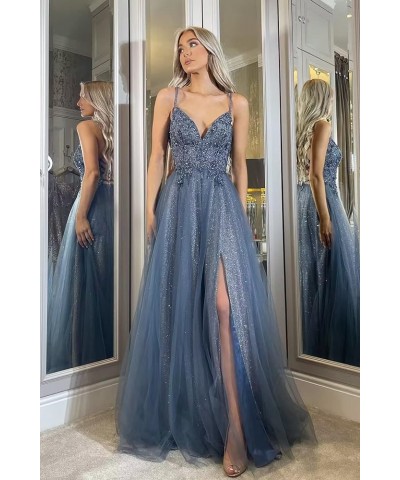 Glitter V Neck Tulle Prom Dresses Lace Appliques Ball Gown for Women A Line Spaghetti Straps Formal Dresses with Split Royal ...