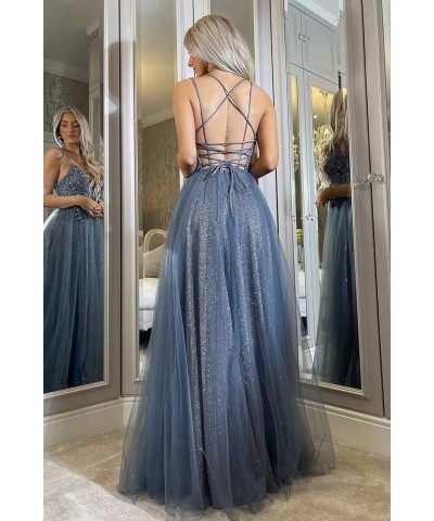 Glitter V Neck Tulle Prom Dresses Lace Appliques Ball Gown for Women A Line Spaghetti Straps Formal Dresses with Split Royal ...