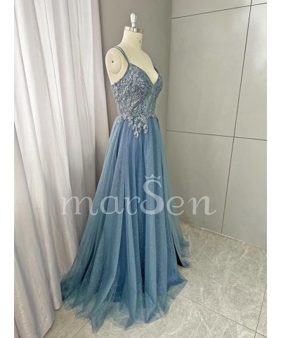 Glitter V Neck Tulle Prom Dresses Lace Appliques Ball Gown for Women A Line Spaghetti Straps Formal Dresses with Split Royal ...