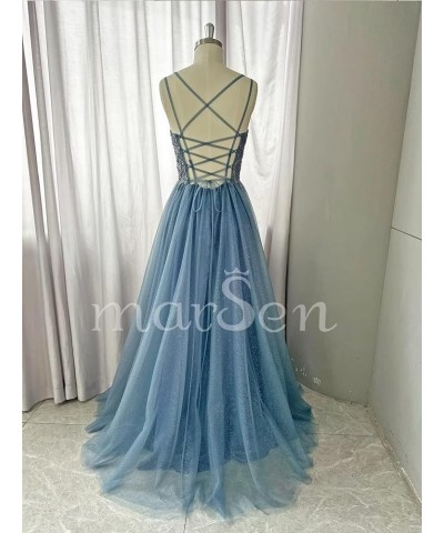 Glitter V Neck Tulle Prom Dresses Lace Appliques Ball Gown for Women A Line Spaghetti Straps Formal Dresses with Split Royal ...