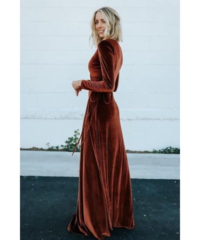 Women's V Neck Velvet Dress Long Sleeve Bridesmaid Dresses Maxi Formal Evening Party Gowns Style-a-red Brown $29.40 Dresses