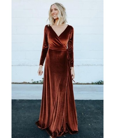 Women's V Neck Velvet Dress Long Sleeve Bridesmaid Dresses Maxi Formal Evening Party Gowns Style-a-red Brown $29.40 Dresses