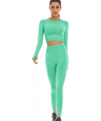 Women Seamless Workout Outfits Athletic Set Leggings + Long Sleeve Top Light Green $15.36 Activewear