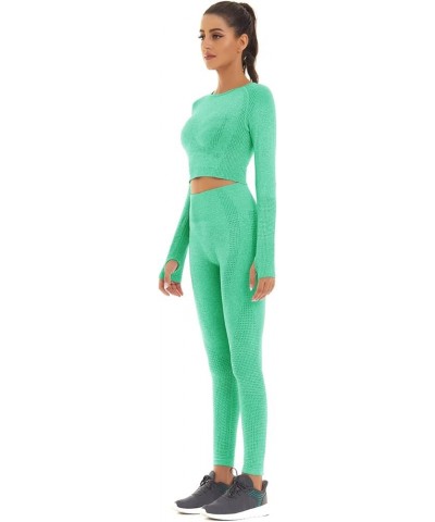 Women Seamless Workout Outfits Athletic Set Leggings + Long Sleeve Top Light Green $15.36 Activewear