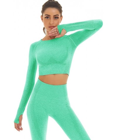 Women Seamless Workout Outfits Athletic Set Leggings + Long Sleeve Top Light Green $15.36 Activewear