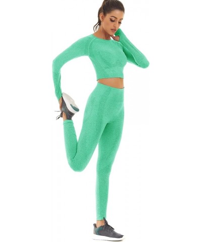 Women Seamless Workout Outfits Athletic Set Leggings + Long Sleeve Top Light Green $15.36 Activewear