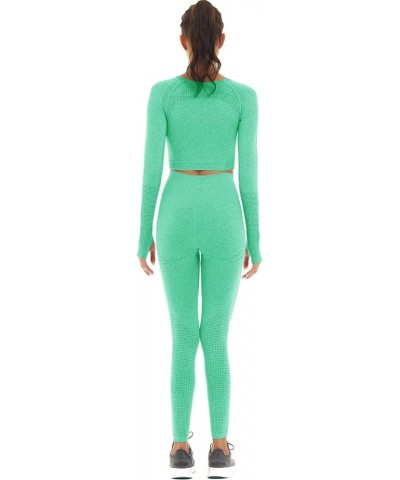 Women Seamless Workout Outfits Athletic Set Leggings + Long Sleeve Top Light Green $15.36 Activewear