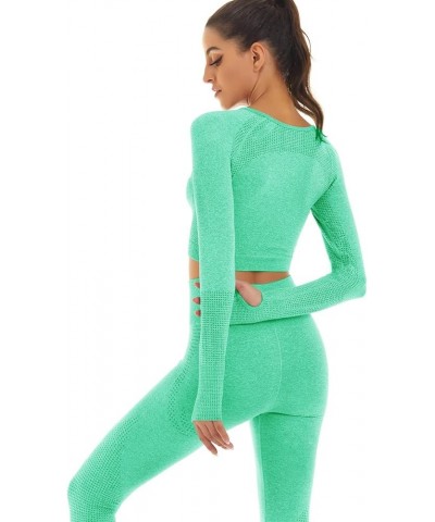 Women Seamless Workout Outfits Athletic Set Leggings + Long Sleeve Top Light Green $15.36 Activewear