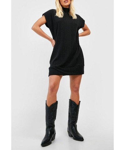 Women's Turtleneck Oversized Sweater Dress Short Cap Sleeve Pullover Sweaters Ribbed Knit Dresses Black $10.00 Sweaters