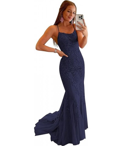 Prom Dressees Spaghetti Strap Lace Applique Tulle Mermaid Backless Bridesmaid Evening Formal Gowns Navy Blue $42.00 Dresses