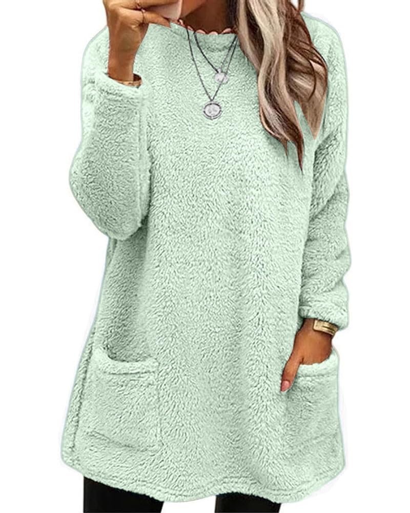 Long Fuzzy Fleece Sweatshirt for Women Solid Color Pullover Tops Sherpa Pullover with Pockets Warm Long Sleeve Top Z03mint Gr...