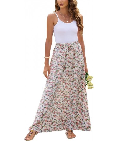 Women Leopard Print Long Skirts Chiffon Summer Beach Pleated Elastic High Waisted Maxi Skirts White/Multi $21.38 Skirts