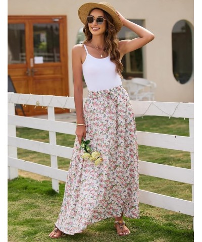 Women Leopard Print Long Skirts Chiffon Summer Beach Pleated Elastic High Waisted Maxi Skirts White/Multi $21.38 Skirts