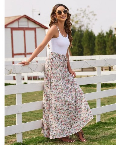 Women Leopard Print Long Skirts Chiffon Summer Beach Pleated Elastic High Waisted Maxi Skirts White/Multi $21.38 Skirts