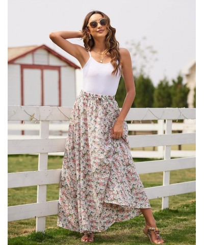 Women Leopard Print Long Skirts Chiffon Summer Beach Pleated Elastic High Waisted Maxi Skirts White/Multi $21.38 Skirts