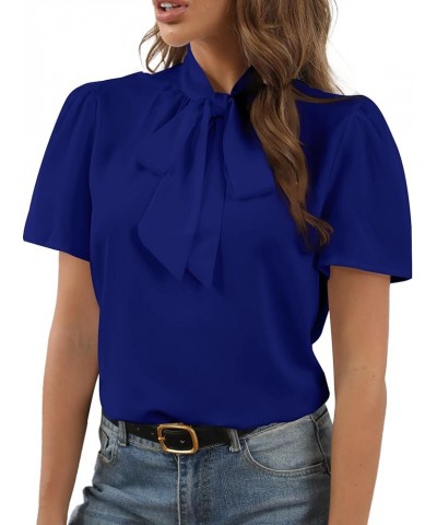 Women's Bow Tie Knot Mock Neck Short Sleeve Elegant Workwear Blouse Shirt Top Royal Blue $15.19 Blouses