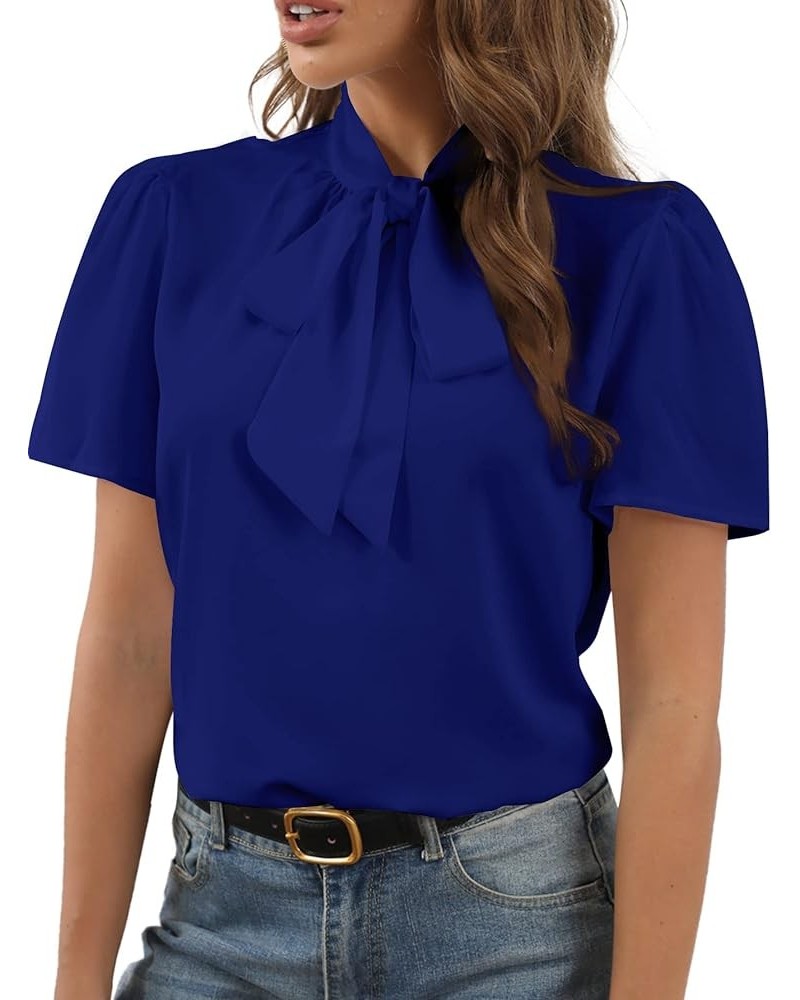 Women's Bow Tie Knot Mock Neck Short Sleeve Elegant Workwear Blouse Shirt Top Royal Blue $15.19 Blouses