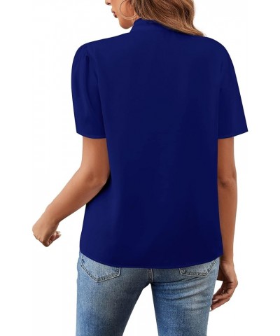 Women's Bow Tie Knot Mock Neck Short Sleeve Elegant Workwear Blouse Shirt Top Royal Blue $15.19 Blouses