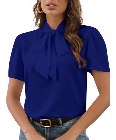 Women's Bow Tie Knot Mock Neck Short Sleeve Elegant Workwear Blouse Shirt Top Royal Blue $15.19 Blouses