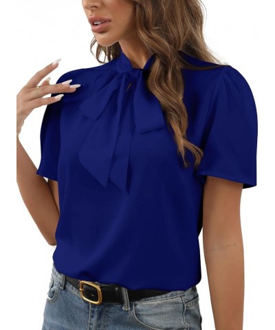 Women's Bow Tie Knot Mock Neck Short Sleeve Elegant Workwear Blouse Shirt Top Royal Blue $15.19 Blouses