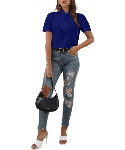 Women's Bow Tie Knot Mock Neck Short Sleeve Elegant Workwear Blouse Shirt Top Royal Blue $15.19 Blouses