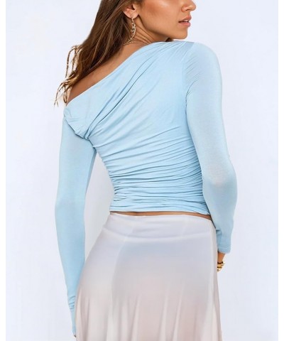 Women's Boat Neck Off Shoulder Tops Long Sleeve Slim Fit Crop Top Going Out Blouses Y2K T-Shirts 0_blue $11.25 T-Shirts