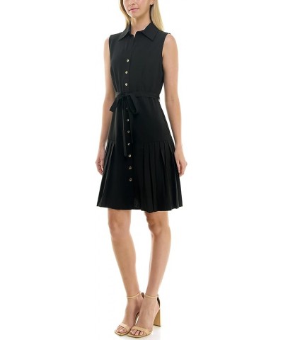 Women's Sleeveless Collared Shirt Dress with Full Button Panel and Belted Waist Very Black $25.72 Dresses