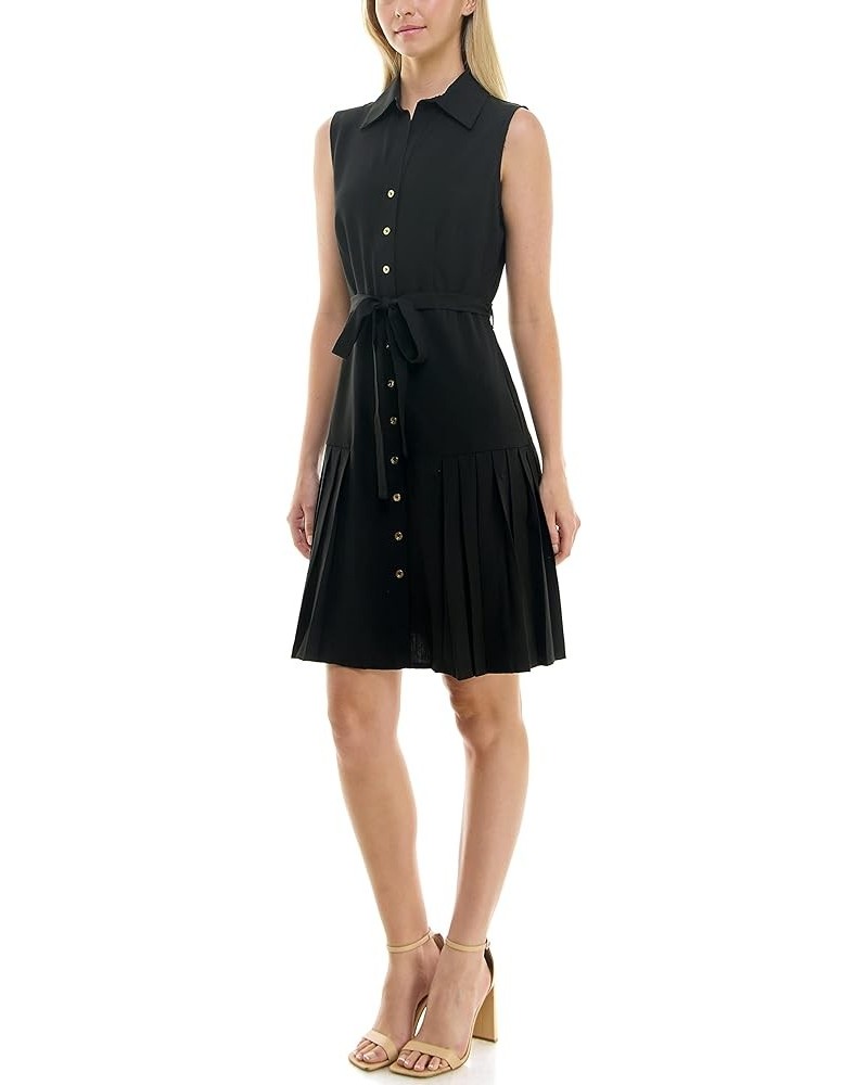 Women's Sleeveless Collared Shirt Dress with Full Button Panel and Belted Waist Very Black $25.72 Dresses