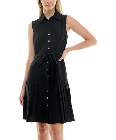 Women's Sleeveless Collared Shirt Dress with Full Button Panel and Belted Waist Very Black $25.72 Dresses