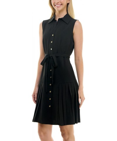 Women's Sleeveless Collared Shirt Dress with Full Button Panel and Belted Waist Very Black $25.72 Dresses