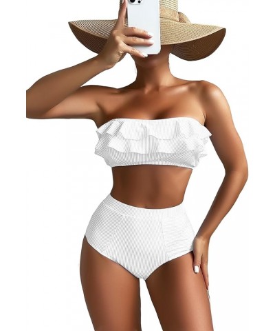 Women's Ruffle Trim Bandeau High Waist Striped Print 2 Piece Bikini Set White Ivory $17.00 Swimsuits