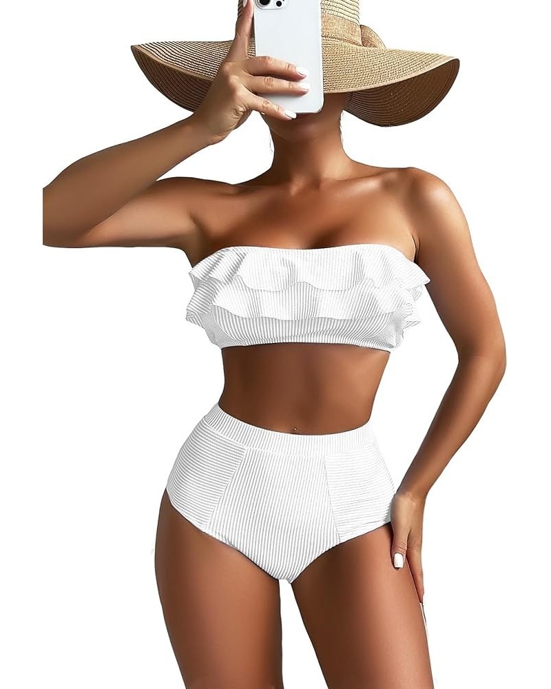 Women's Ruffle Trim Bandeau High Waist Striped Print 2 Piece Bikini Set White Ivory $17.00 Swimsuits