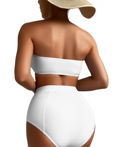 Women's Ruffle Trim Bandeau High Waist Striped Print 2 Piece Bikini Set White Ivory $17.00 Swimsuits