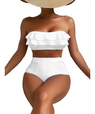 Women's Ruffle Trim Bandeau High Waist Striped Print 2 Piece Bikini Set White Ivory $17.00 Swimsuits