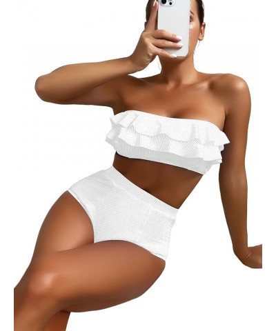 Women's Ruffle Trim Bandeau High Waist Striped Print 2 Piece Bikini Set White Ivory $17.00 Swimsuits