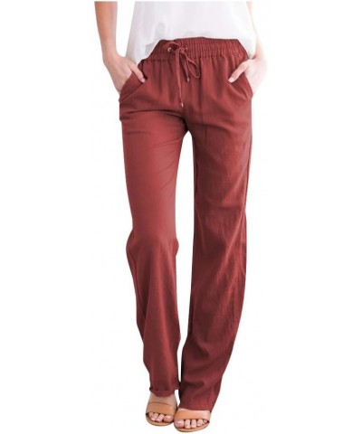 Womens Linen Pants Casual Straight Pants Drawstring Elastic Waist Long Pants Plus Size Comfy Summer Jogger Trousers Wine $9.3...