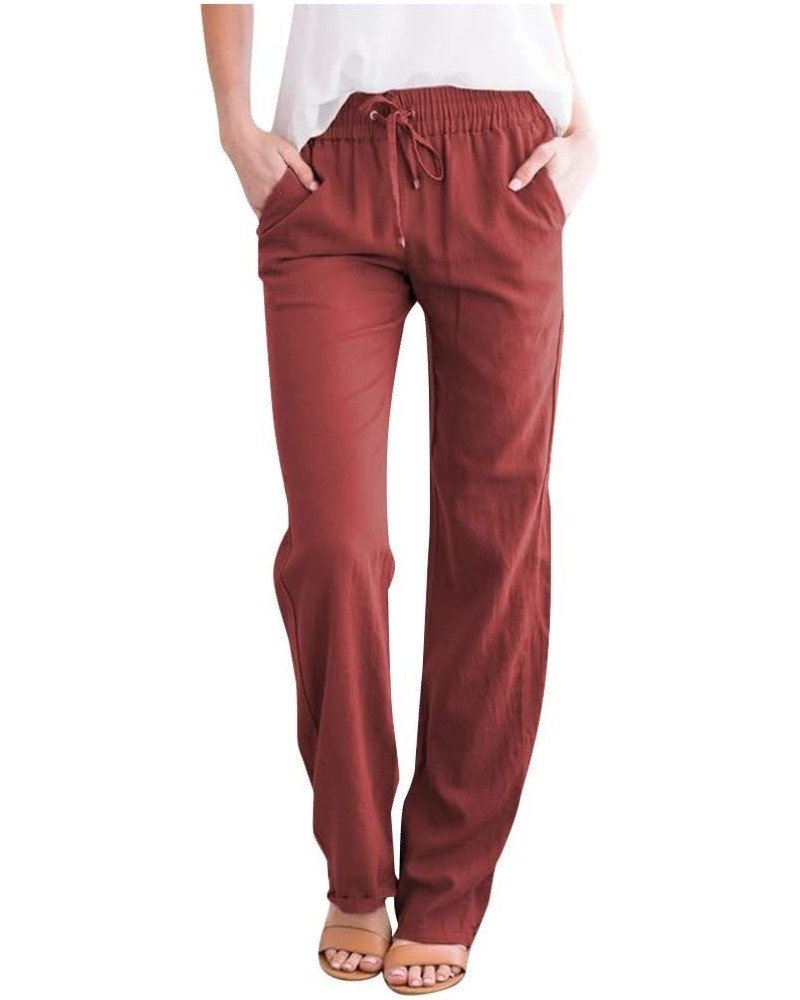 Womens Linen Pants Casual Straight Pants Drawstring Elastic Waist Long Pants Plus Size Comfy Summer Jogger Trousers Wine $9.3...